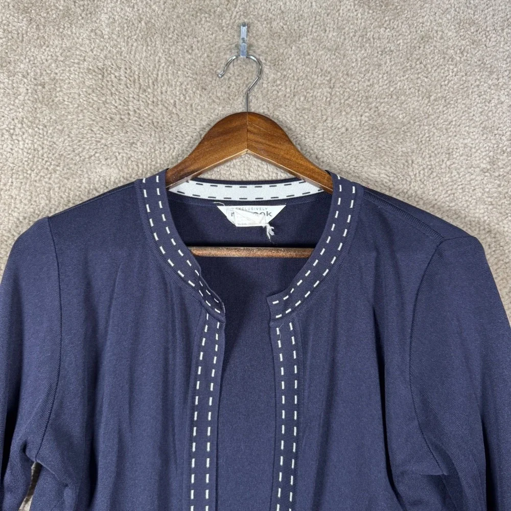 Misook Cardigan Women Small Petite Navy Open Front Contrast Stitch Knit Jacket